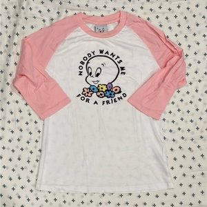 Lazy Oaf x Casper Collection Pink and a white Baseball Raglan Tee size ML
